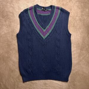 Vintage 90s Jed Wear Cable Knit V Neck Sweater Vest Sleeveless Navy Retro Preppy